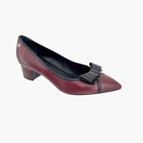 Chanel Pointed Toe Bow Pumps Size 38 US 7-7.5 Maroon Leather CC Mid Block Heel - Picture 10 of 15